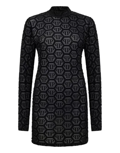 Philipp Plein Tulle Long-sleeved Mini Dress Monogram Jacquard In Black