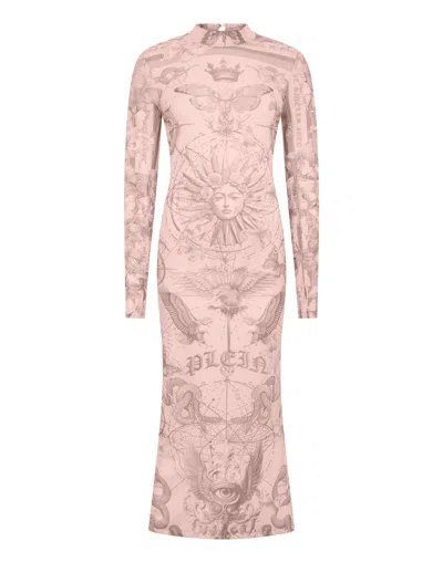 Philipp Plein Tulle Maxi Dress Open Back Butterfly Tattoo Women In Pink