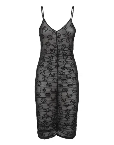 PHILIPP PLEIN TULLE MIDI DRESS MONOGRAM