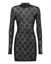 Philipp Plein Tulle Midi Dress Strass Monogram In Black