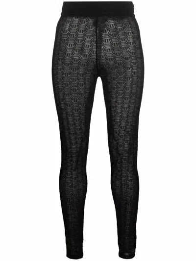 Philipp Plein Tulle Monogram Leggings In Black
