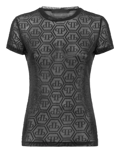PHILIPP PLEIN TULLE SEXY PURE FIT T-SHIRT MONOGRAM STRASS