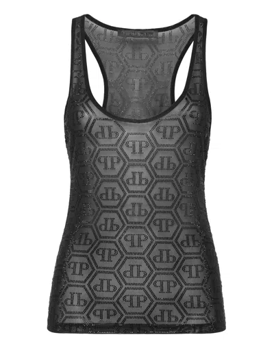 PHILIPP PLEIN TULLE TANK TOP MONOGRAM STRASS