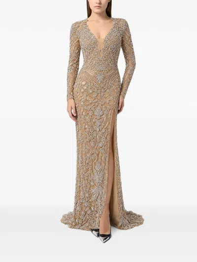 Philipp Plein Tulle V-neckline Long Evening Dress Crystals In Brown