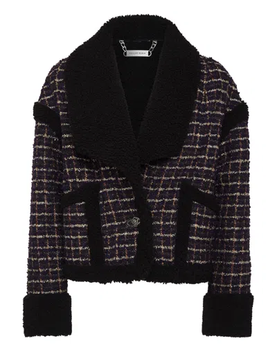 Philipp Plein Tartan-check Shearling Tweed Jacket In Black