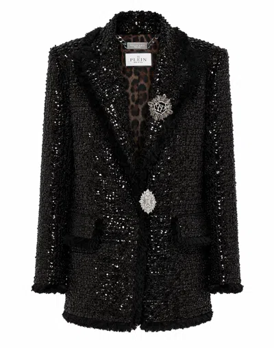 Philipp Plein Tweed Boyfriend's Fit Blazer Paillettes In Red