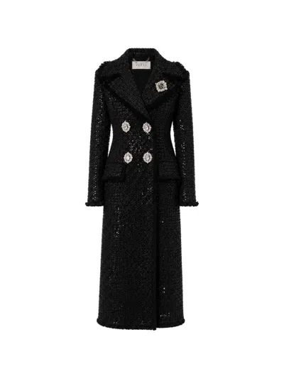 Philipp Plein Tweed Long Coat Paillettes In Black