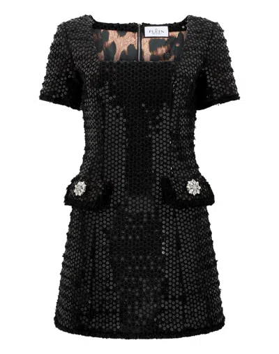 Philipp Plein Tweed Mini Dress Paillettes In Black