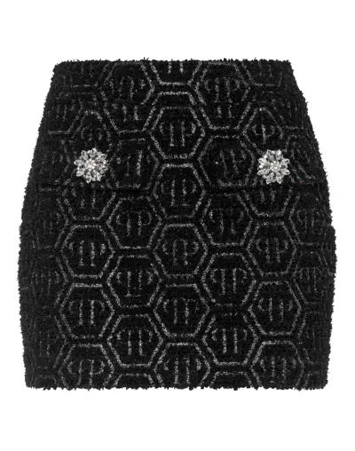 Philipp Plein Mini Monogram Tweed Skirt In Black