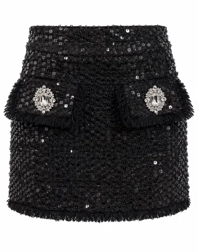 Philipp Plein Tweed Mini Skirt Paillettes In Black