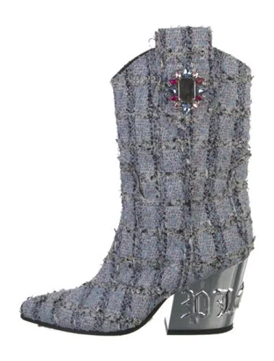 Pre-owned Philipp Plein Tweed Pattern Western Boots In Blue