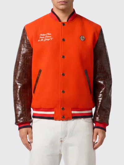Philipp Plein Two-tone Crocodile-effect Calfskin Leather Varsity Bomber Jacket In Red