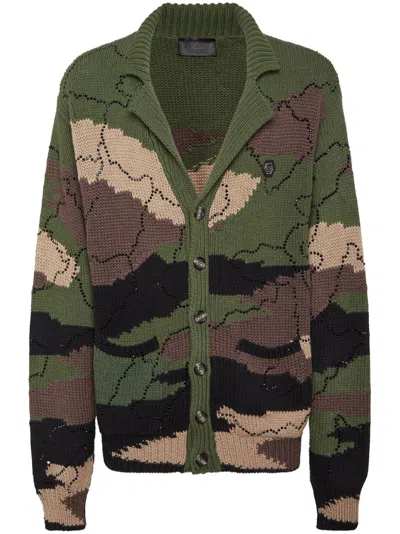 Philipp Plein V-neck Intarsia-knitted Cardigan In Grün