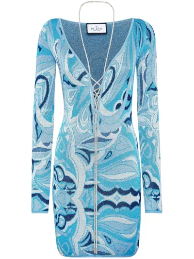 Philipp Plein V-neck Knitted Minidress In Blue