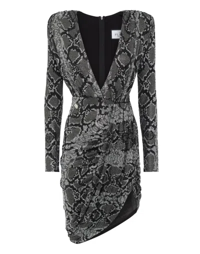 Philipp Plein V-neck Mini Dress In Silver