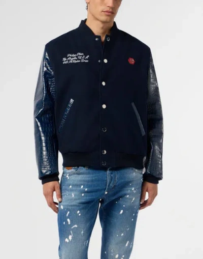 Philipp Plein Varsity Bomber Cocco Sleeves Los Angeles Men In Blue