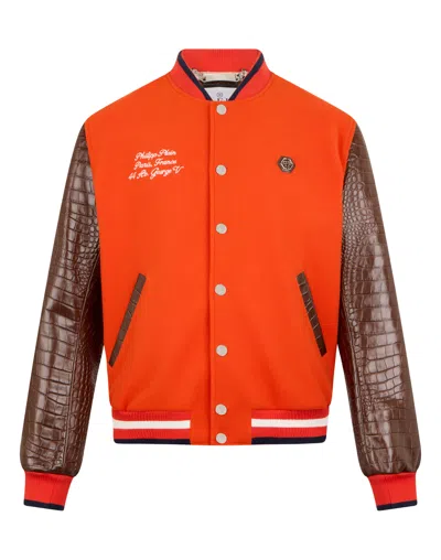 Philipp Plein Varsity Bomber Cocco Sleeves Paris In Orange