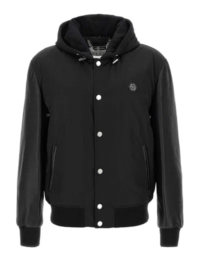 Philipp Plein Nylon And Leather Varsity Bomber Hooded Jacket In Black