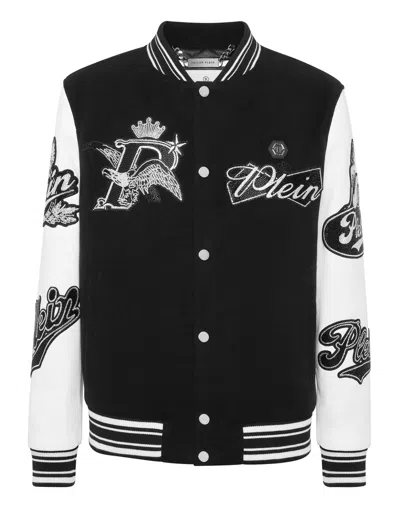 Philipp Plein Varsity Bomber With Leather Sleeves Crystal Eagle In Animal Print