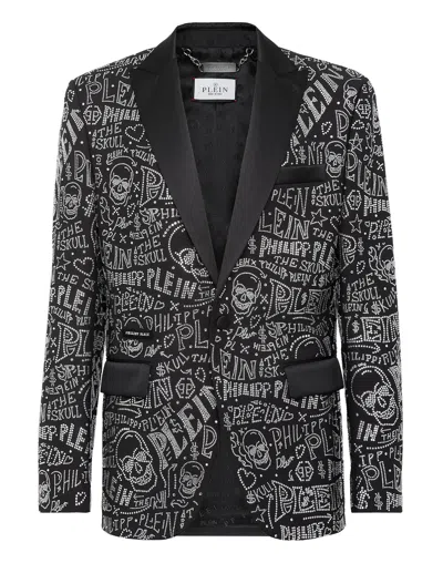Philipp Plein Velvet Blazer Lord Fit Skull And Plein With Crystals In Black