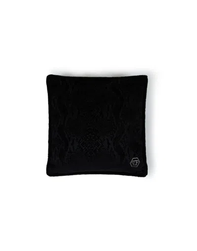 Philipp Plein Velvet Cushion Python Print 40x40 In Black