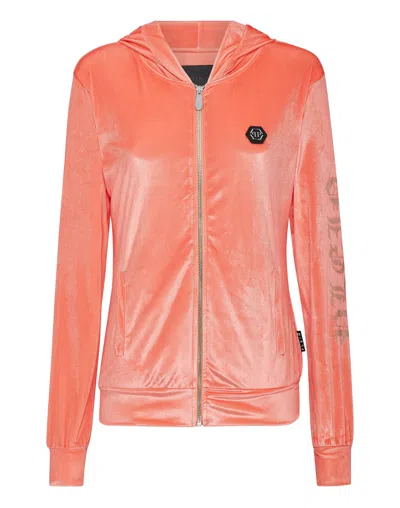 Philipp Plein Velvet Hoodie Sweatshirt Full Zip Gothic Plein In Orange