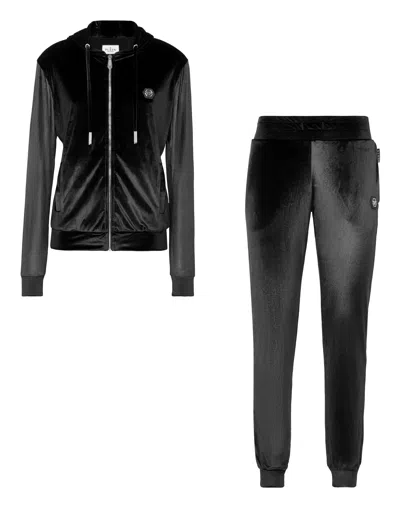 Philipp Plein Velvet Jogging Tracksuit:top/trousers Skull Strass In Black