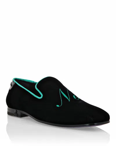 Philipp Plein Slogan-embroidered Velvet Loafers In Green