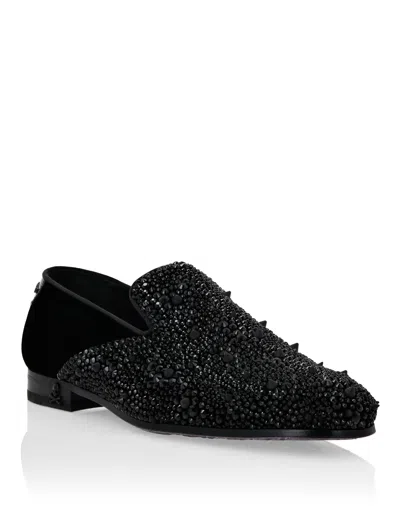 Philipp Plein Velvet Loafers Stones In Black