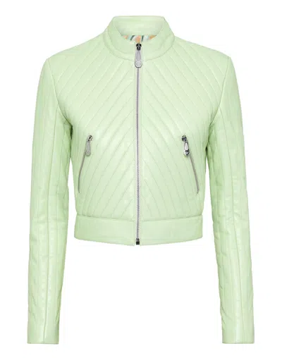 Philipp Plein Vintage Leather Biker Jacket Ls Flame In Green