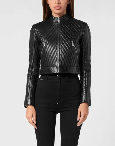 Philipp Plein Vintage Leather Biker Jacket Ls Flame Women In Black