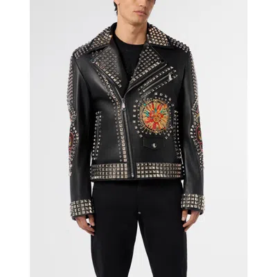 Philipp Plein Vintage Leather Biker Jacket Studs &amp; Patches Men In Black