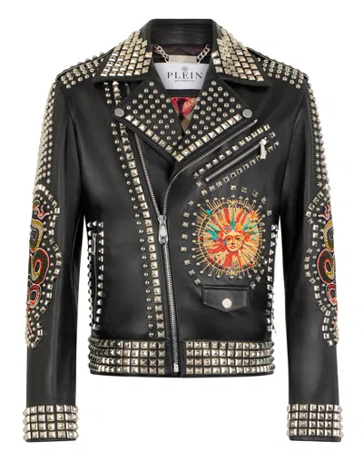 Philipp Plein Vintage Leather Biker Jacket Studs & Patches In Multi