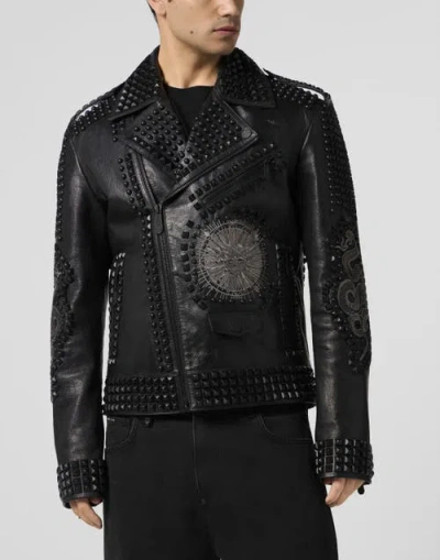 Philipp Plein Vintage Leather Biker Jacket Tattoo Patches &amp; Studs Men In Black