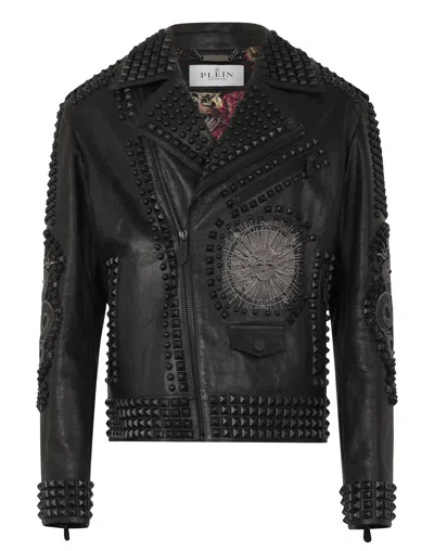 Philipp Plein Vintage Leather Biker Jacket Tattoo Patches & Studs In Black