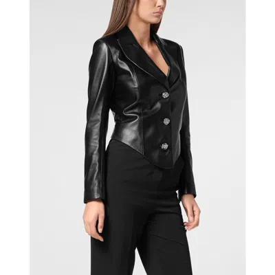 Philipp Plein Vintage Leather Blazer Ls Flame Women In Black