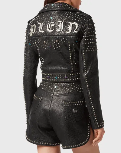 Philipp Plein Vintage Leather Cropped Biker Jacket Studs In Black