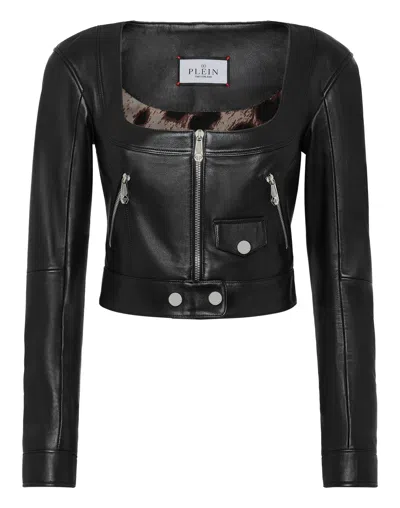 Philipp Plein Vintage Leather Cropped Jacket In Black