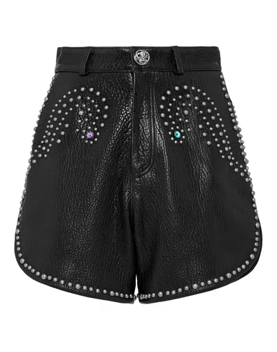 Philipp Plein Vintage Leather Hot Pants In Black