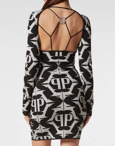 Philipp Plein Viscose & Lurex Mini Dress Hexagon In Black