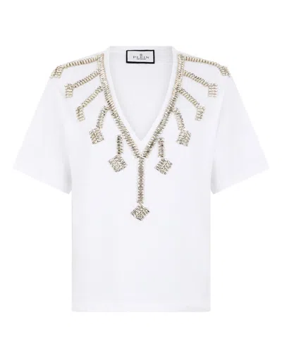 Philipp Plein V-neck T-shirt Crystal Fringes In White