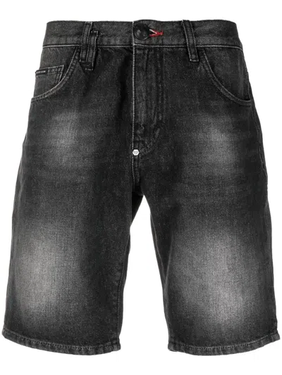 Philipp Plein Washed Denim Shorts In Black