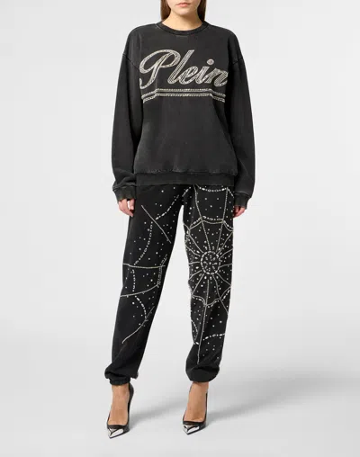 Philipp Plein Washed Open Back Sweatshirt Strass Signature In Black