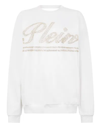 Philipp Plein Washed Open Back Sweatshirt Strass Signature Women In White