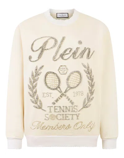 Philipp Plein Washed Sweatshirt Tennis Society Strass In Neutral