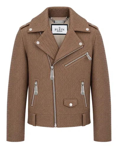 Philipp Plein Weaved Leather Biker Jacket In Brown