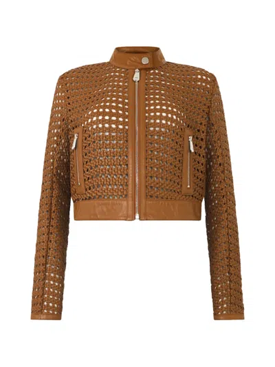 Philipp Plein Weaved Leather Fitted Jacket In Brown