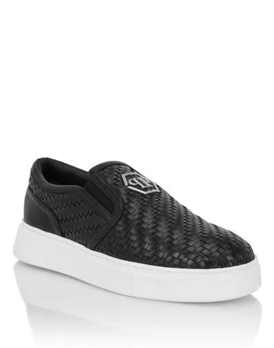 Philipp Plein Weaved Leather Slip-on Shoes Hexagon In Black
