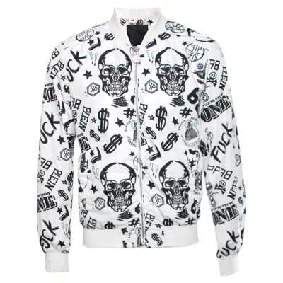 Pre-owned Philipp Plein White Bomber With Black Dollar/skull/text Sketching In Size L.