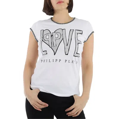Philipp Plein White Love Crystal Logo Cotton T-shirt